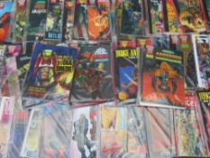 A TRAY CONTAINING 2000AD JUDGE DREDD COMIC BOOKS, TO INCLUDE WILDERLANDS, DEMOCRACY NOW, RAPTAUR,