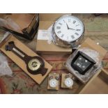 A TRAY OF VARIOUS BOXED CLOCKS, BAROMETER AND TALKING ALARM CLOCKS