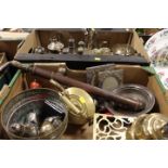 TWO TRAYS OF ASSORTED SILVER-PLATED METAL WARE TO INCLUDE A SHIPS DECANTER, BRASS TRIVET ETC