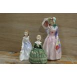 A ROYAL DOULTON FIGURINE" MISS DEMURE " TOGETHER WITH SMALLER ANDREA AND BELLE (3)