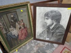A FRAMED AND GLAZED CHARCOAL PROFILE PORTRAIT TOGETHER WITH A CROSS -STITCH (2 )