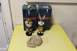 TWO BOXED LOONY TUNES ACME SPORTS BOBBING HEAD FIGURES TOGETHER WITH A MERRYTHOUGHT MOUSE