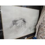 A GILT GLAZED AND FRAMED CHARCOAL STYLE PICTURE OF A BIRD OF PREY CHASING A HARE