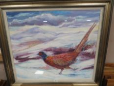 A FRAMED AND GLAZED OIL ON CANVAS OF A PHEASANT RUNNING ON A SNOWY HILLSIDE SIGNED LOWER RIGHT LIBBY
