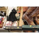 THREE TRAYS OF ASSORTED COLLECTABLES TO INCLUDE A VINTAGE PAIR OF COWBOY BOOTS