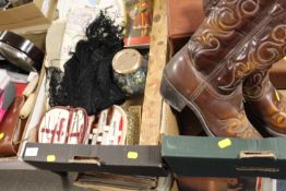 THREE TRAYS OF ASSORTED COLLECTABLES TO INCLUDE A VINTAGE PAIR OF COWBOY BOOTS