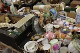 FOUR TRAYS OF ASSORTED CERAMICS ETC TO INCLUDE A COLLECTORS PLATE, FIGURAL MANTLE CLOCK ETC