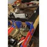 TWO TRAYS OF ASSORTED METAL WARE TO INCLUDE A COPPER JUG ETC