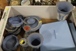 A TRAY OF WEDGWOOD BLUE JASPER WARE