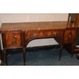 A 19TH CENTURY MAHOGANY BREAKFRONT SERVING SIDEBOARD RAISED ON FLUTED SUPPORTS H-92 CM W-182 CM
