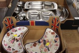 ELEVEN MASONS IRONSTONE KIDNEY SHAPE DISHES TOGETHER WITH A TRAY OF STAINLESS STEEL METAL WARE