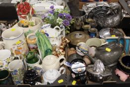 TWO TRAYS OF ASSORTED CERAMICS AND METAL WARE