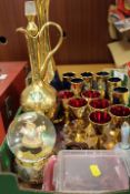 A TRAY OF CONTINENTAL GILDED GLASS WARE , CHRISTMAS SNOW DOME ETC