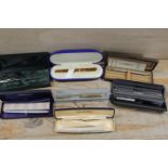 SEVEN VINTAGE FOUNTAIN PENS AND BIROS TO INCLUDE PARKER AND SHEAFFER