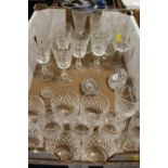 A TRAY OF GLASS WARE TO INCLUDE A WATERFORD DRESSING TABLE CLOCK