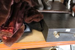 A BOXED ELECTRICAL CALCULATOR, HOLDALL, FUR AND ARMY COAT & SUITCASE ETC