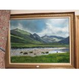 A LARGE GILT FRAMED OIL ON CANVAS MOUNT AND RIVER SCENE SIGNED LOWER RIGHT RAY GREEN FIELD