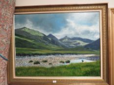 A LARGE GILT FRAMED OIL ON CANVAS MOUNT AND RIVER SCENE SIGNED LOWER RIGHT RAY GREEN FIELD