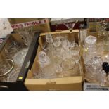 THREE TRAYS OF ASSORTED GLASS WARE TO INCLUDE VASES, DECANTER ETC