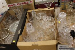 THREE TRAYS OF ASSORTED GLASS WARE TO INCLUDE VASES, DECANTER ETC