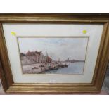 A GILT FRAMED AND GLAZED PRINT OF A STUART LLOYD WATER COLOUR OF A RIVER BANK TAVERN