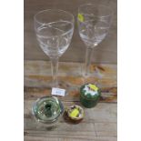 A PAIR OF STUART CRYSTAL JASPER CONRAN WINE GLASSES TOGETHER WITH A GLASS PAPERWEIGHT AND TWO ENAMEL