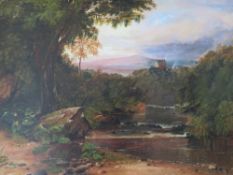 (XIX). Wooded rocky river landscape with hill top castle and mountains beyond, unsigned, oil on