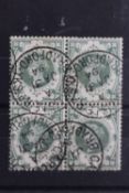 POSTAGE STAMPS - S.G. 211 1/= DULL GREEN, superb used block of four with Bradford Steel CDS's, str