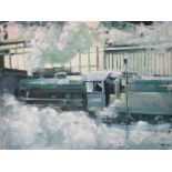 MOORE (XX). British school, study of a steam engine passing through a station, signed and dated