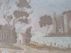 (XVIII-XIX). A woolwork picture of a river landscape with fishermen, abbey ruins on far bank, in