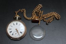 A 800 SILVER OPEN FACED POCKET WATCH ON GOLD PLATED ALBERT CHAIN AND FOB, Dia 5 cmCondition Report: