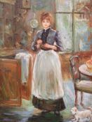 RICHARD E MOORE (fl. 1910-1930). Impressionist kitchen scene with young woman and dog, signed lower