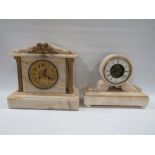 TWO VICTORIAN ALABASTER CASED MANTLE CLOCKS, to include a single train drum head clock with