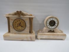 TWO VICTORIAN ALABASTER CASED MANTLE CLOCKS, to include a single train drum head clock with