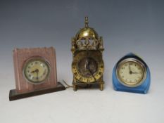 A SMITHS NELL GWYNNE BRASS CASED ELECTRIC LANTERN CLOCK, together with two Art Deco glass dressing