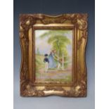 A HAND PAINTED RECTANGULAR PORCELAIN PANEL SIGNED BY E.R. BOOTH, decorated with a lady and two