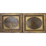 A PAIR OF 19TH CENTURY OVAL INTERIOR SCENES WITH DOGS, young boy feeding some of them, unsigned,