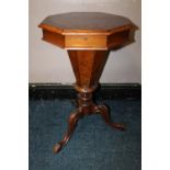 A VICTORIAN WALNUT TRUMPET SHAPED WORK TABLE, the hinged lid enclosing a fitted interior