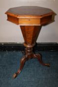 A VICTORIAN WALNUT TRUMPET SHAPED WORK TABLE, the hinged lid enclosing a fitted interior