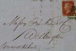 POSTAGE STAMP - 1855 1d RED COVER, tied by green Dublin 186 numeral to Wellington (Somerset), sl. r