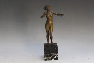 A SMALL BRONZE MODEL OF A NUDE FEMALE, on marble base, H 23.5 cm