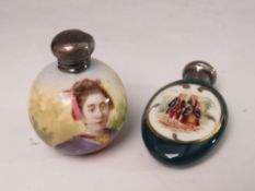 TWO PORCELAIN ANTIQUE SCENT BOTTLES WITH HALLMARKED SILVER TOPS (2)