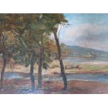 ALEXANDER FRASER (XX). Scottish school, impressionist wooded lock scene with figure and castle