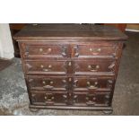 AN ANTIQUE OAK JACOBEAN STYLE CHEST OF DRAWERS, with two short above three longer graduating