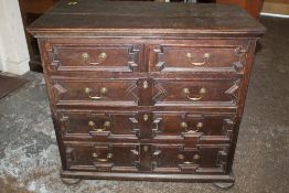 AN ANTIQUE OAK JACOBEAN STYLE CHEST OF DRAWERS, with two short above three longer graduating