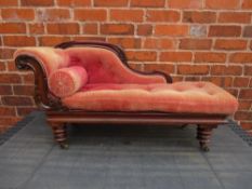 A VICTORIAN CHILDS UPHOLSTERED CHAISE LONGUE, having carved mahogany frame, w 93 CM, h 48 CM