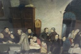 (XIX). British school, interior scene with numerous figures 'The Rent Collector', unsigned, oil on