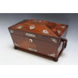 A LARGE ROSEWOOD TEA CADDY, with mother of pearl inlay, W 31 cm