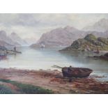 ENGLISH SCHOOL (XIX). A mountain lakeland scene with fishing boats and figures, oil on board, gilt