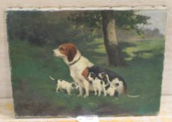 ?? DANIEL (XIX-XX). Study of a hound and puppies in a woodland setting, signed lower left, oil on